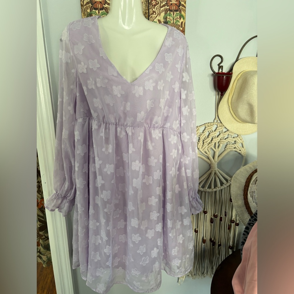 SHEIN XL US12 Lavender dress with lining, long balloon sleeve appliqué flowers